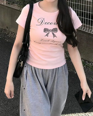 Ribbon Print Crop Short Sleeve T-Shirt