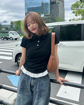 Color neck lace detail short-sleeved T-shirt