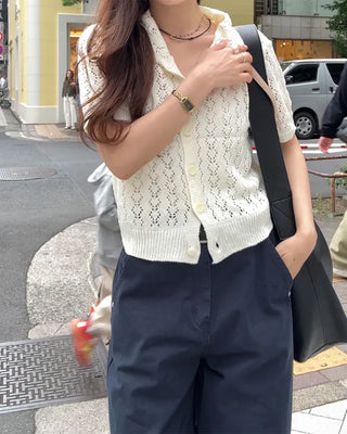 Perforated knit polo cardigan