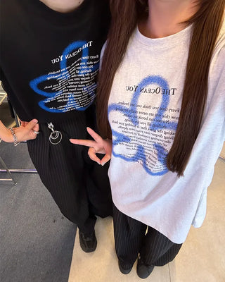 (Unisex) Spray Flower Lettering Long Half T-Shirt