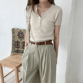 Linen ribbed button knit