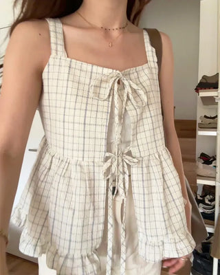 Checked Ribbon Sleeveless Blouse