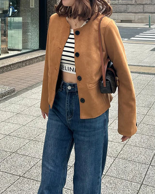 Collarless suede jacket