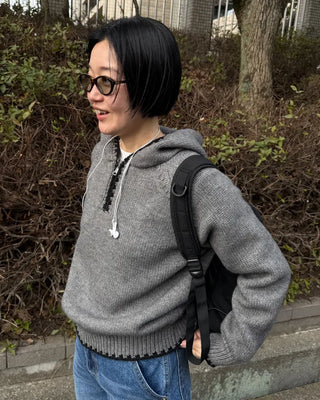 Two-tone knit half-zip hoodie