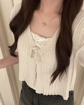 Ribbon Cropped Half-Sleeve Cardigan