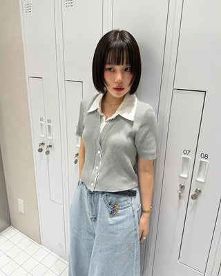 Shirt-style short-sleeved cardigan
