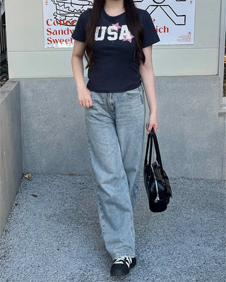 USA Star Patch Half-Sleeve T-Shirt