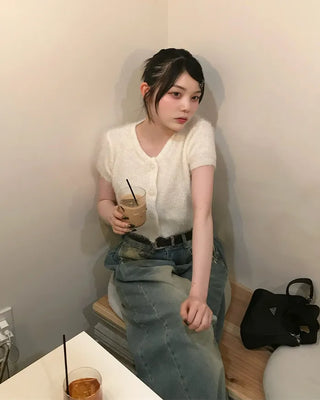 Shaggy knit short-sleeved cardigan