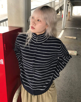 Striped knit zip-up
