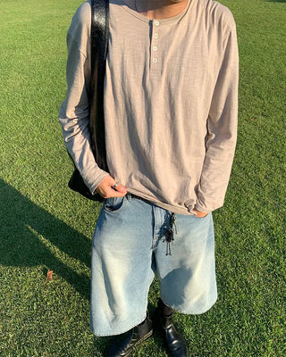 U-neck cotton button-down long-sleeved T-shirt