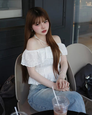 Smoked Frill Off-Shoulder Blouse