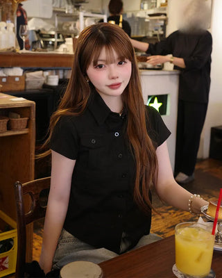 Flap pocket cropped short-sleeved shirt