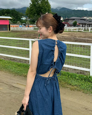 Back-slit denim long dress