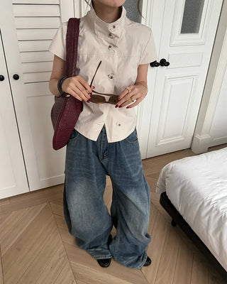 Cap-sleeve button-up high-neck blouse