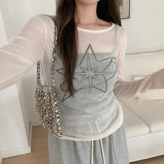 Printed sheer long-sleeved T-shirt