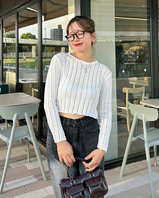 Ribbed Shirring See-Through T-Shirt
