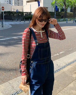Striped Henley Neck Long T-Shirt