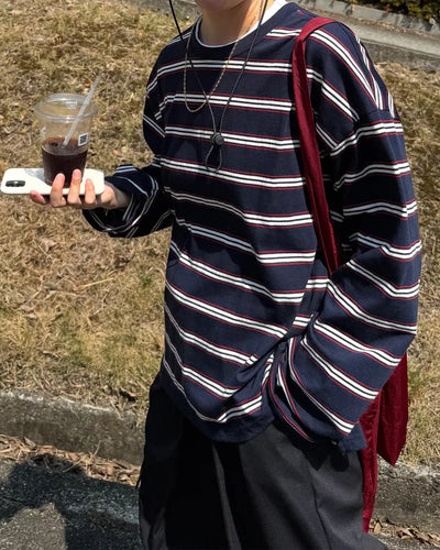 Striped long-sleeved cut and sew