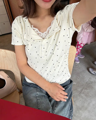 Dot lace detail short-sleeved T-shirt