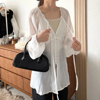 Deep V-neck sheer blouse