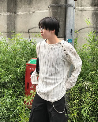 Striped button-up long-sleeved T-shirt