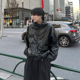 Leather hooded pocket jacket