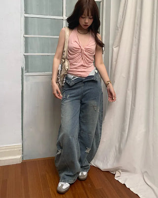 Halter neck shirred sleeveless top