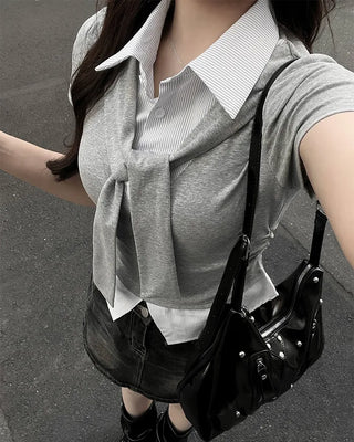 Shoulder Tie Shirt Layered T-Shirt