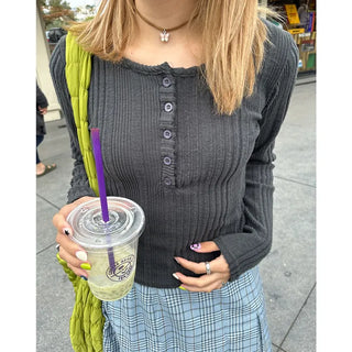 Ribbed 4-button round long sleeve