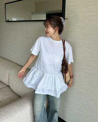 Frilled hem short-sleeve T-shirt