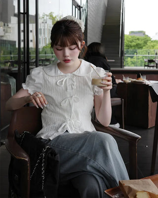 Round collar ribbon detail blouse