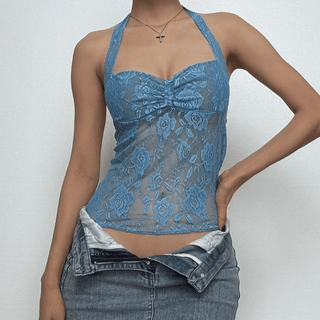 Halter lace see through ruched top