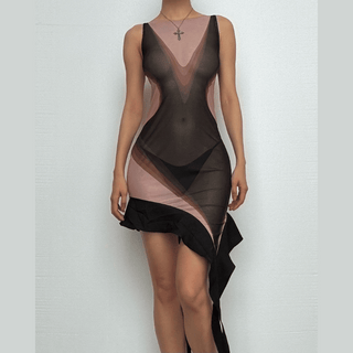 Sleeveless crewneck print irregular mesh mini dress