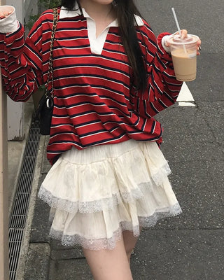 Half-open collar border T-shirt