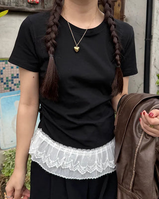 Lace Shirring Half-Sleeve T-Shirt