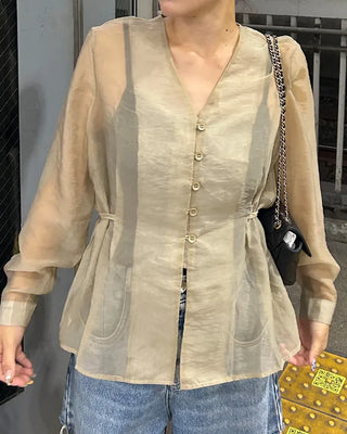 See-through balloon button blouse