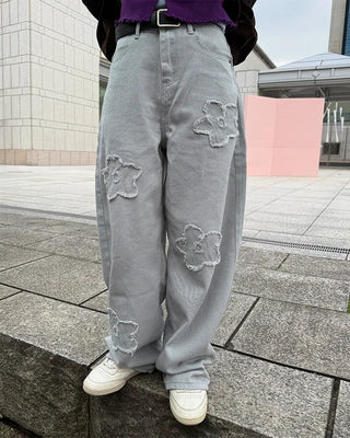 Flower embroidered wide-leg pants