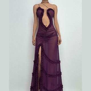 Ruffle spaghetti strap sheer mesh irregular slit maxi dress