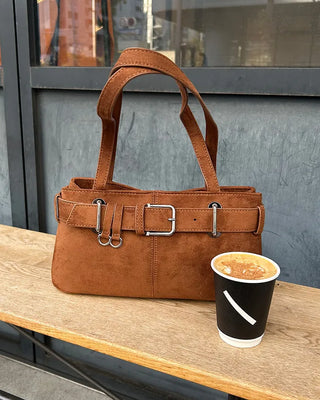 Suede buckle shoulder bag