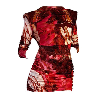 Long sleeve ruched tie dye print crewneck mini dress