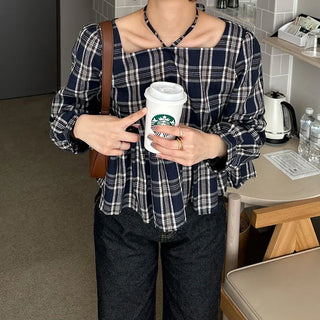 2-way check peplum blouse