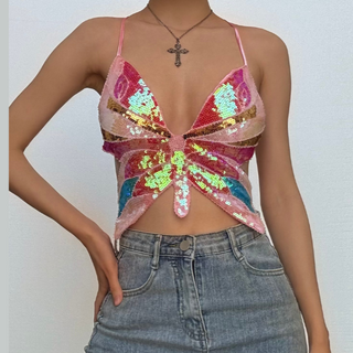 Deep V neck glitter cross back self tie cami top