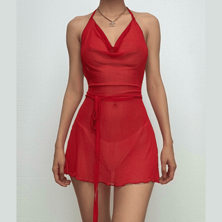 Halter cowl neck sheer mesh ruffle mini dress