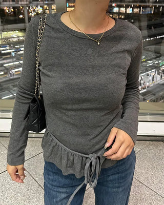 Waist frill long-sleeve T-shirt