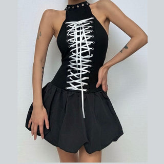 Lace up ruffle zip-up mini dress