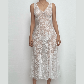 Sleeveless V neck rose pattern lace see through midi dress