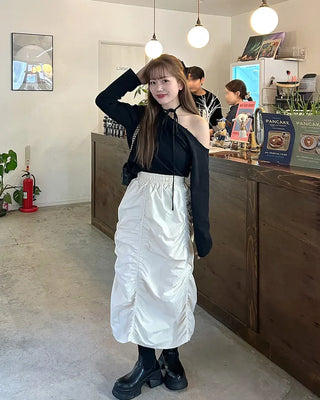 Banded Shirring Midi Skirt