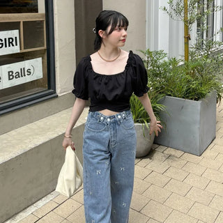 Back ribbon off-shoulder blouse