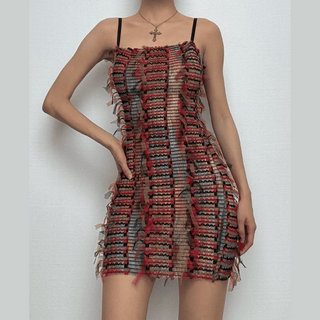 Mesh ruffle stitch contrast textured cami mini dress