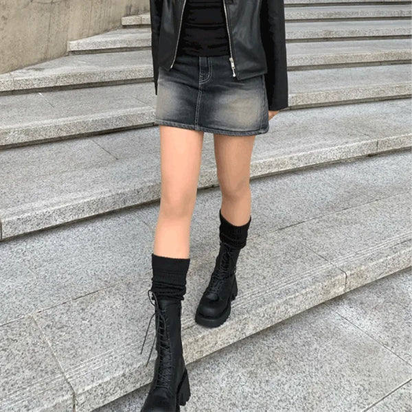 Washed denim mini skirt